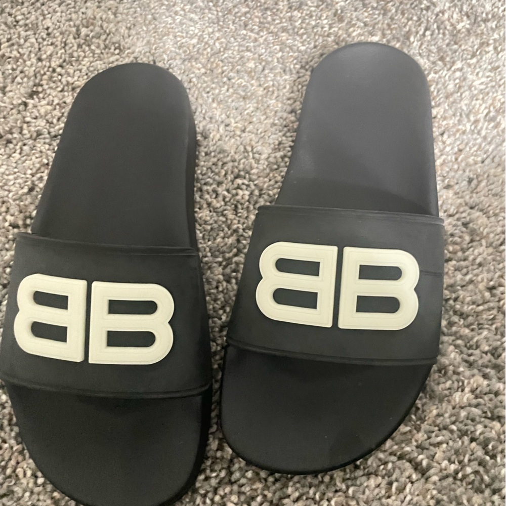 Black Balenciaga Pool Slippers with neon letters worn once